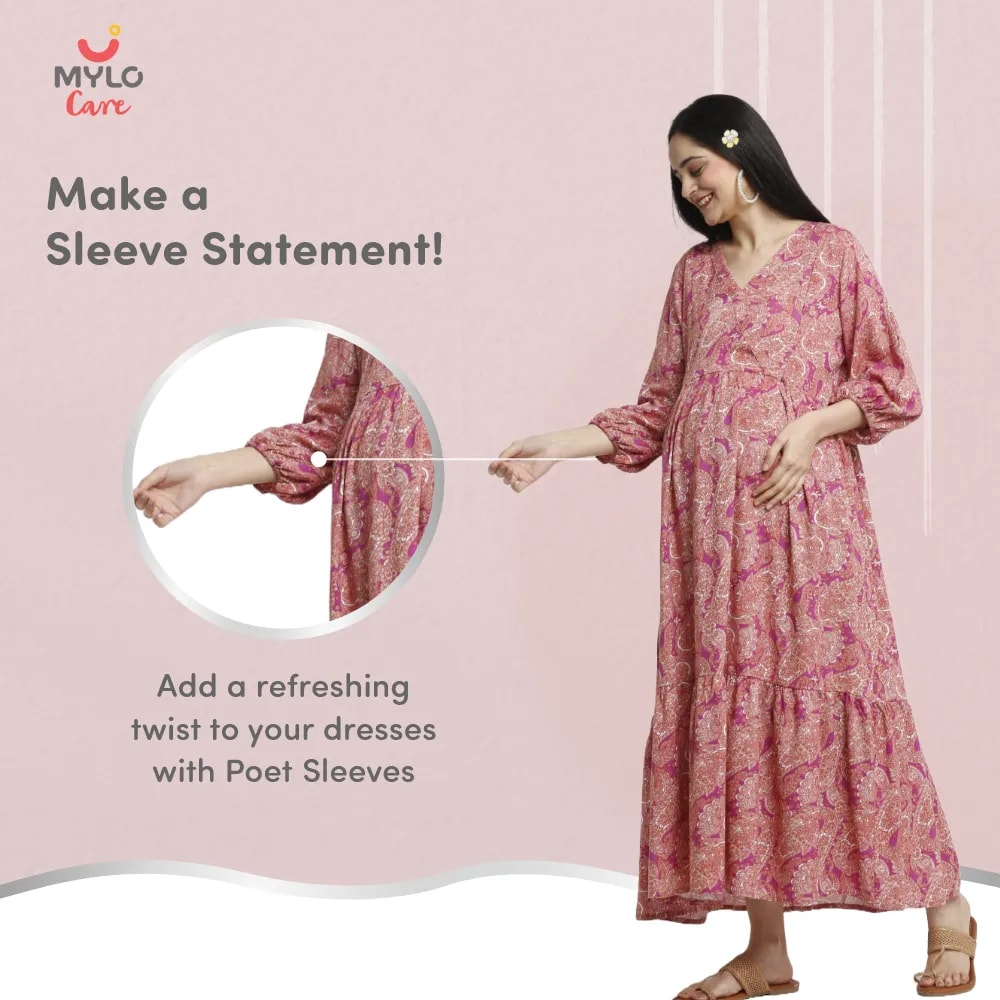Maternity Dresses For Women with Both Side Zipper For Easy Feeding | Adjustable Belt for Growing Belly | Maxi Dress | Persian Paisley - Pink | L