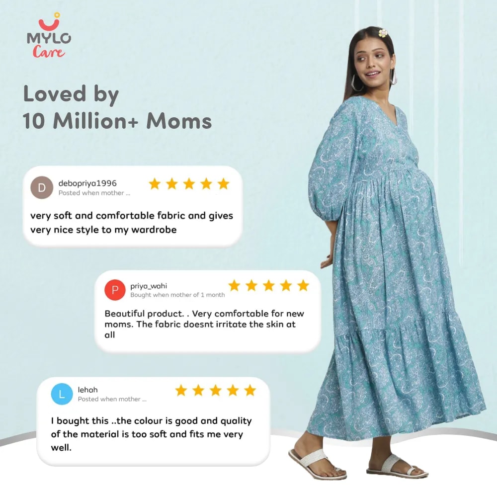 Maternity Dresses For Women with Both Side Zipper For Easy Feeding | Adjustable Belt for Growing Belly | Maxi Dress | Persian Paisley - Green | M