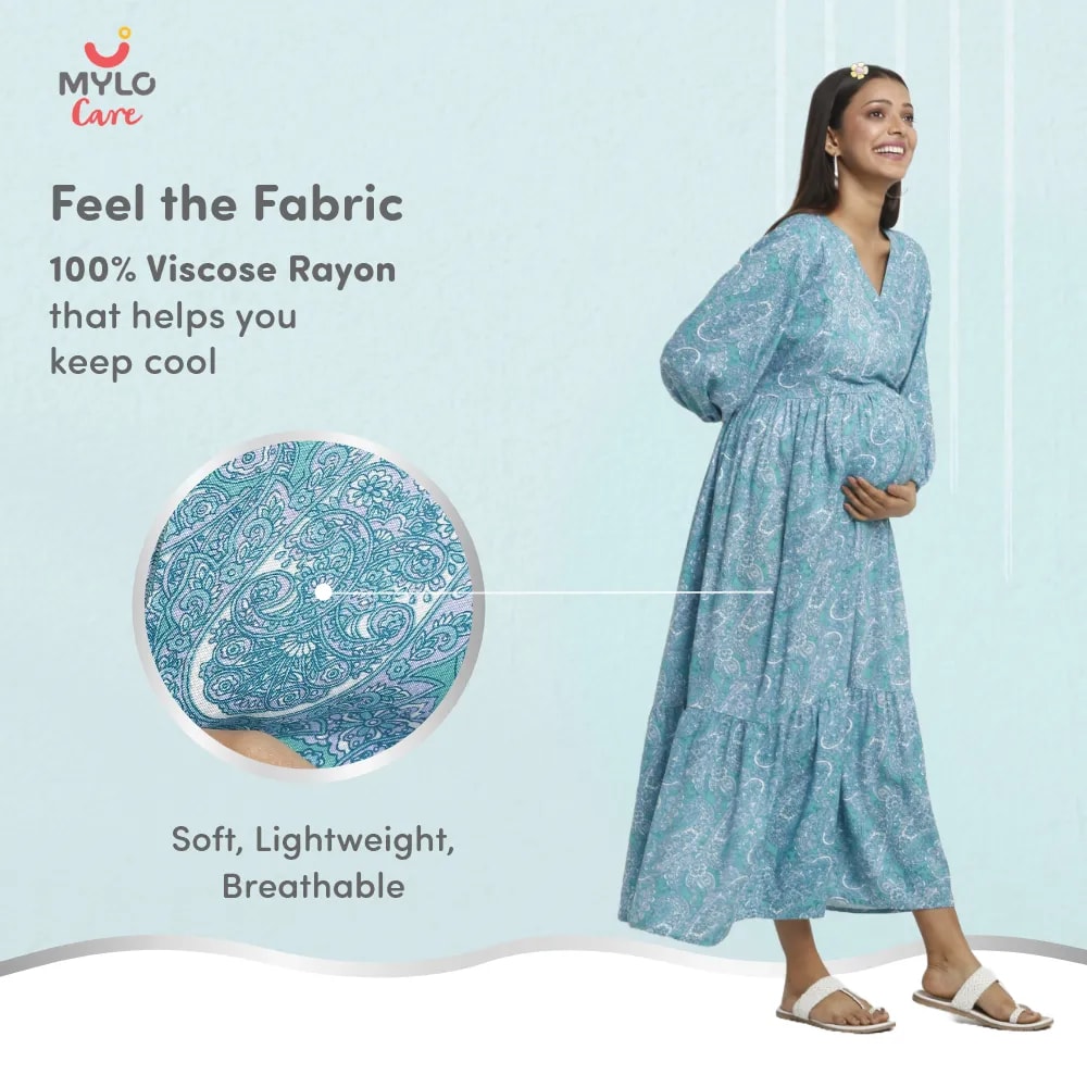 Maternity Dresses For Women with Both Side Zipper For Easy Feeding | Adjustable Belt for Growing Belly | Maxi Dress | Persian Paisley - Green | M