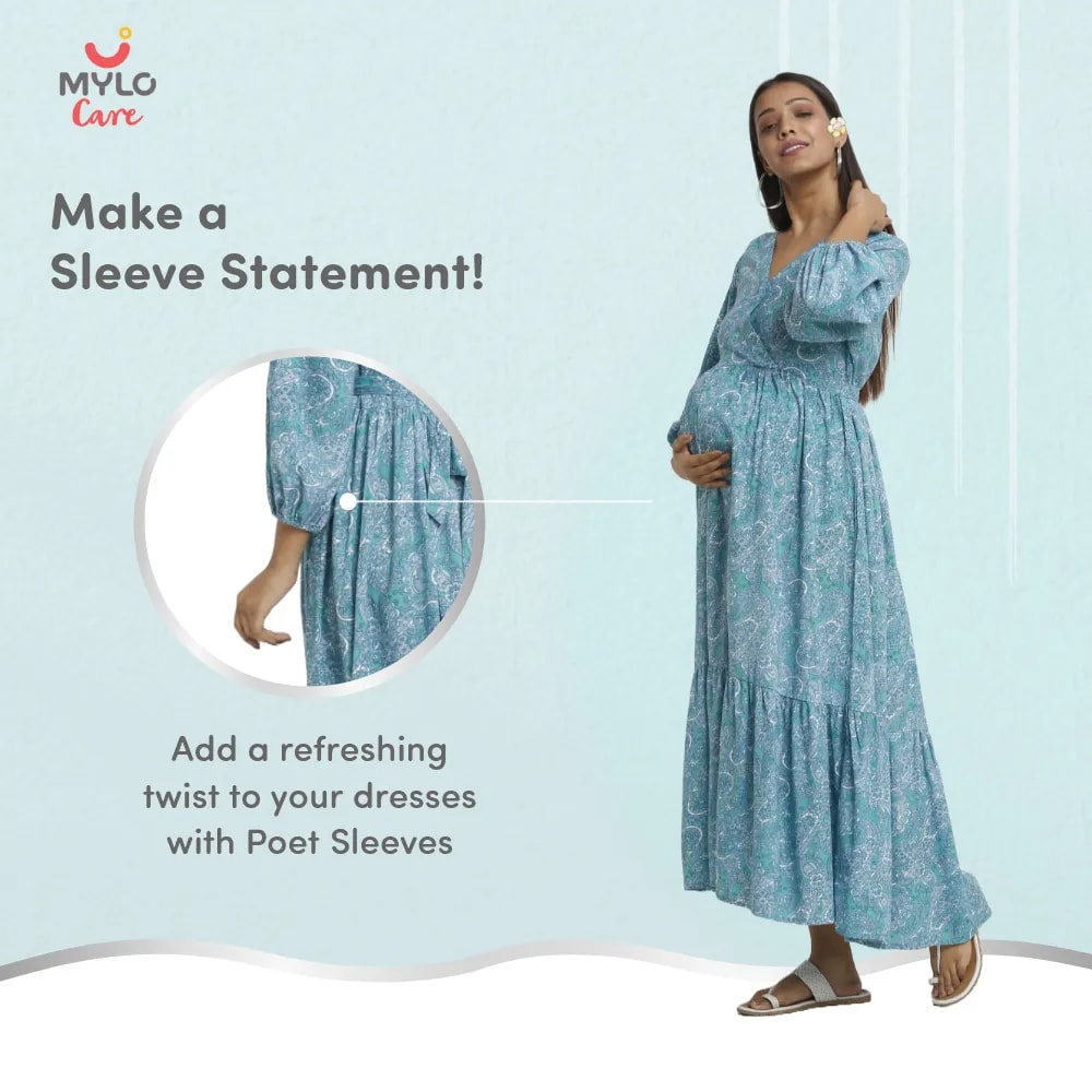 Maternity Dresses For Women with Both Side Zipper For Easy Feeding | Adjustable Belt for Growing Belly | Maxi Dress | Persian Paisley - Green | M