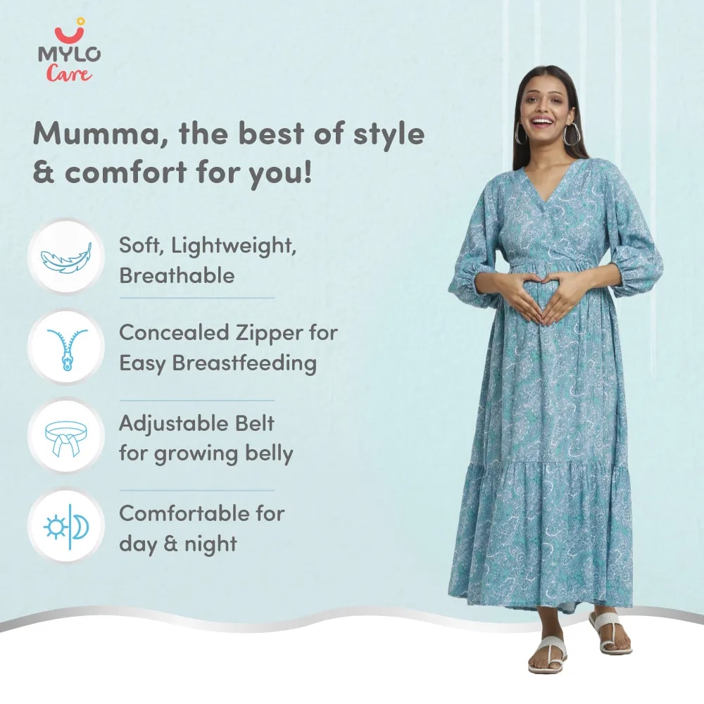 Maternity Dresses For Women with Both Side Zipper For Easy Feeding | Adjustable Belt for Growing Belly | Maxi Dress | Persian Paisley - Green | XL