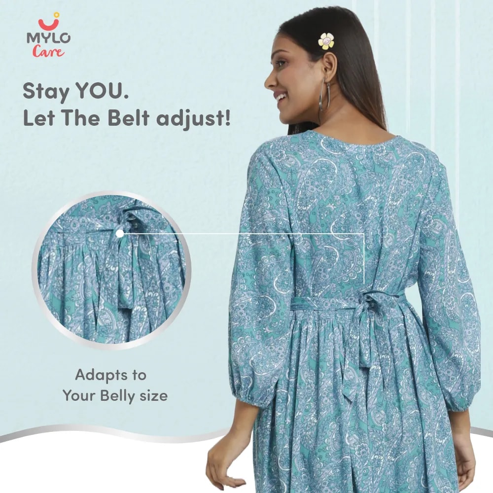 Maternity Dresses For Women with Both Side Zipper For Easy Feeding | Adjustable Belt for Growing Belly | Maxi Dress | Persian Paisley - Green | XL
