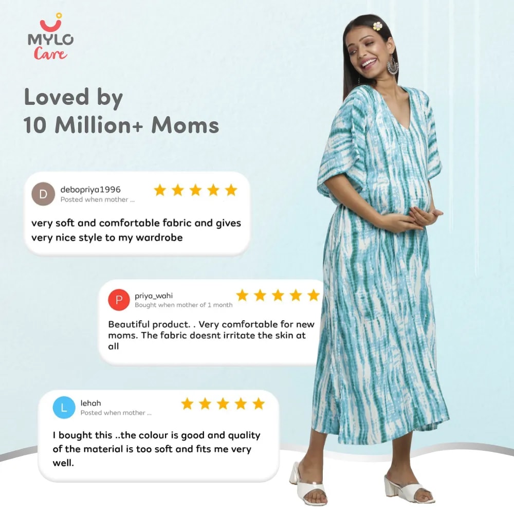 Maternity Dresses For Women with Both Side Zipper For Easy Feeding | Adjustable Belt for Growing Belly | Kaftan Dress | Shibori Print - Sea Green | XL