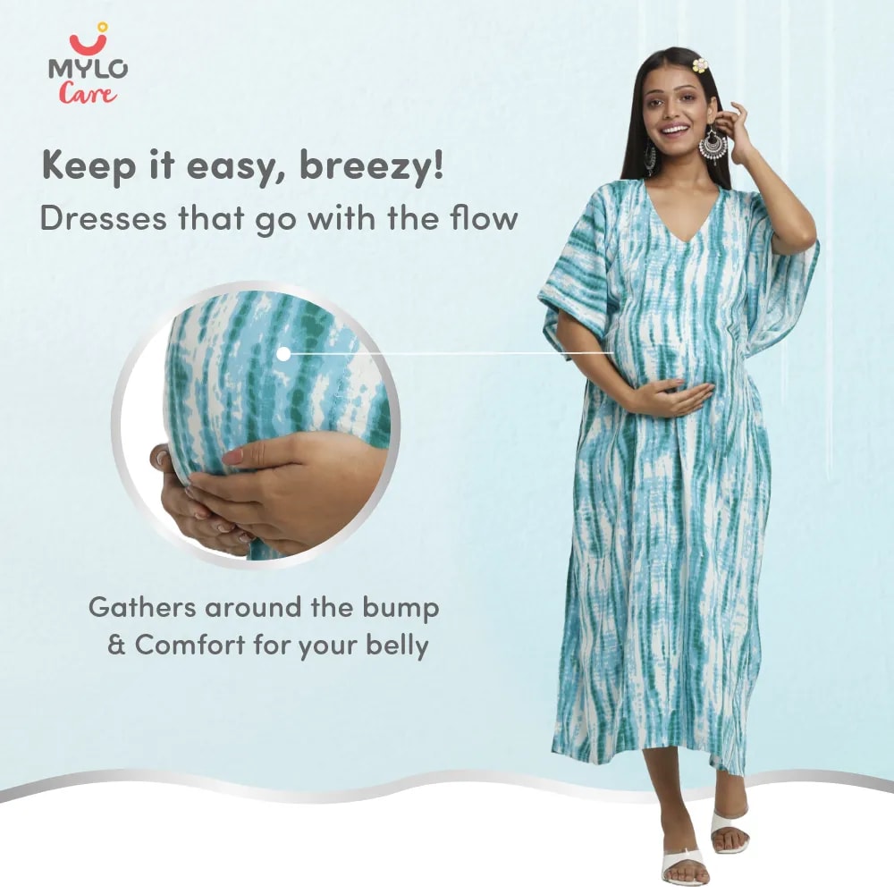 Maternity Dresses For Women with Both Side Zipper For Easy Feeding | Adjustable Belt for Growing Belly | Kaftan Dress | Shibori Print - Sea Green | XL