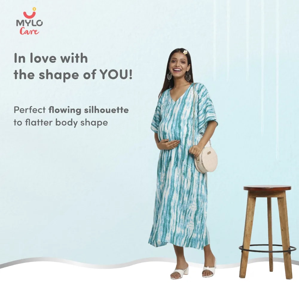 Maternity Dresses For Women with Both Side Zipper For Easy Feeding | Adjustable Belt for Growing Belly | Kaftan Dress | Shibori Print - Sea Green | XXL