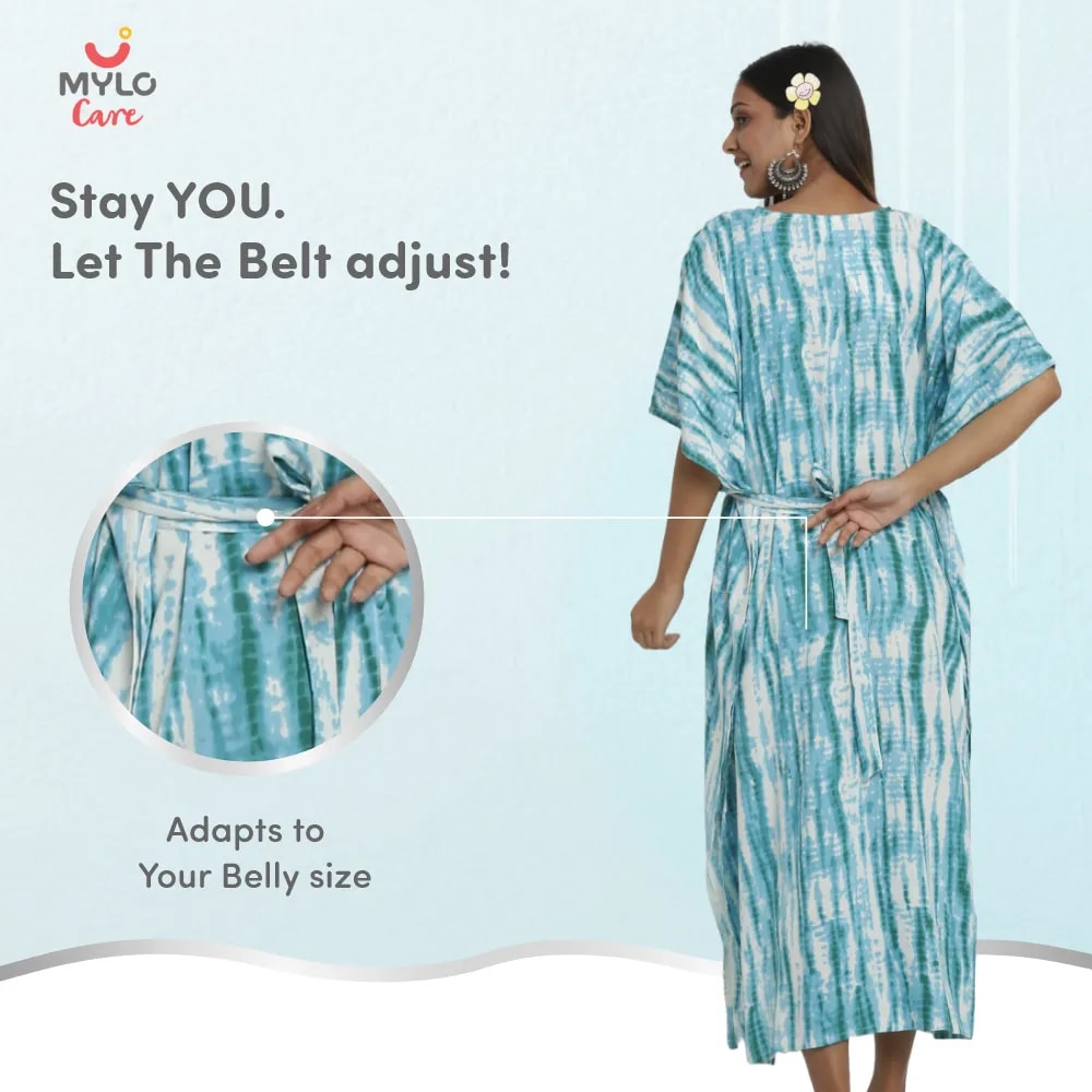 Maternity Dresses For Women with Both Side Zipper For Easy Feeding | Adjustable Belt for Growing Belly | Kaftan Dress | Shibori Print - Sea Green | XXL