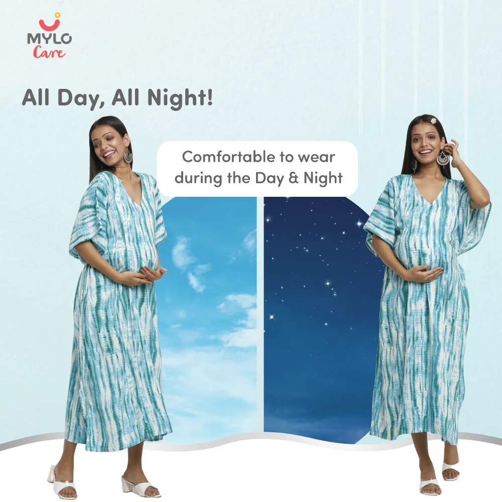 Maternity Dresses For Women with Both Side Zipper For Easy Feeding | Adjustable Belt for Growing Belly | Kaftan Dress | Shibori Print - Sea Green | XXL