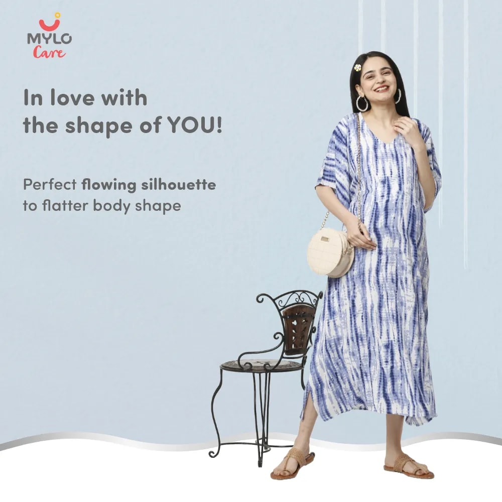 Maternity Dresses For Women with Both Side Zipper For Easy Feeding | Adjustable Belt for Growing Belly | Kaftan Dress | Shibori Print - Navy | M