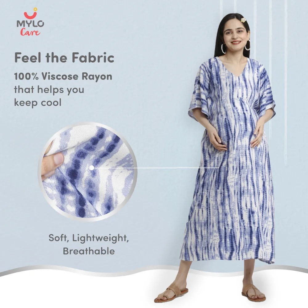 Maternity Dresses For Women with Both Side Zipper For Easy Feeding | Adjustable Belt for Growing Belly | Kaftan Dress | Shibori Print - Navy | M