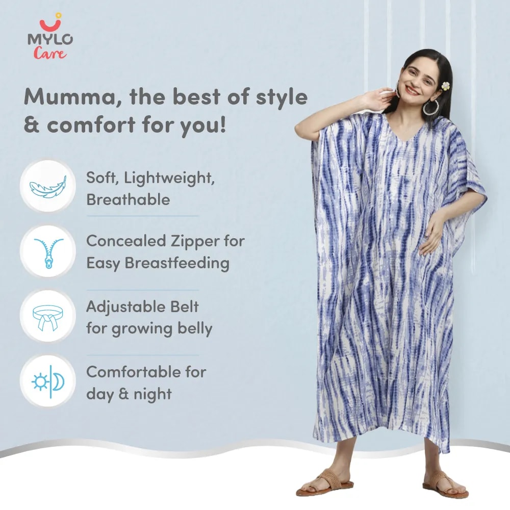 Maternity Dresses For Women with Both Side Zipper For Easy Feeding | Adjustable Belt for Growing Belly | Kaftan Dress | Shibori Print - Navy | XL