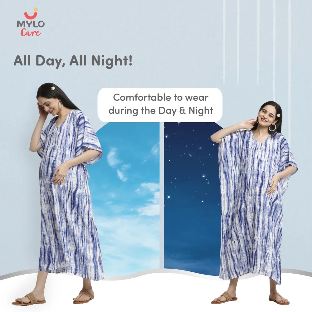 Maternity Dresses For Women with Both Side Zipper For Easy Feeding | Adjustable Belt for Growing Belly | Kaftan Dress | Shibori Print - Navy | XL