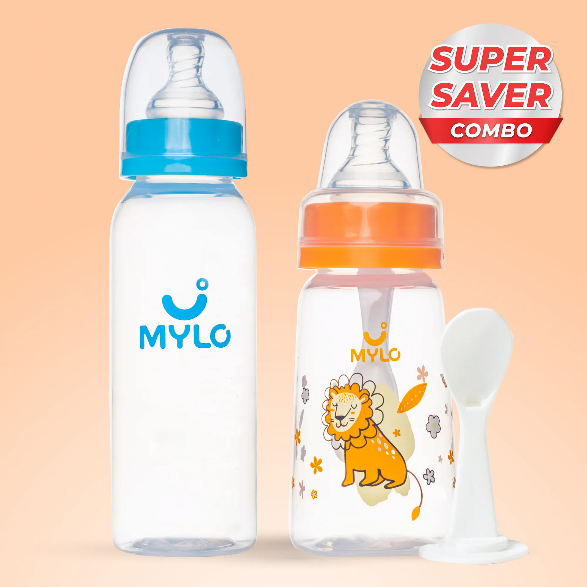 2-in-1 Baby Feeding Bottle - Lion & Blue 125ml & 250ml (Pack of 2)