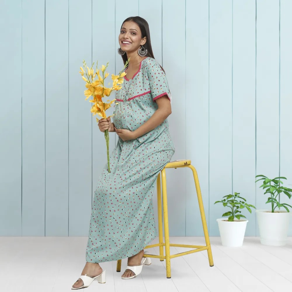 Maternity Dresses For Women with Both Side Zipper For Easy Feeding | Adjustable Belt for Growing Belly | Maxi Dress | Little Hearts - Sea Green | XL