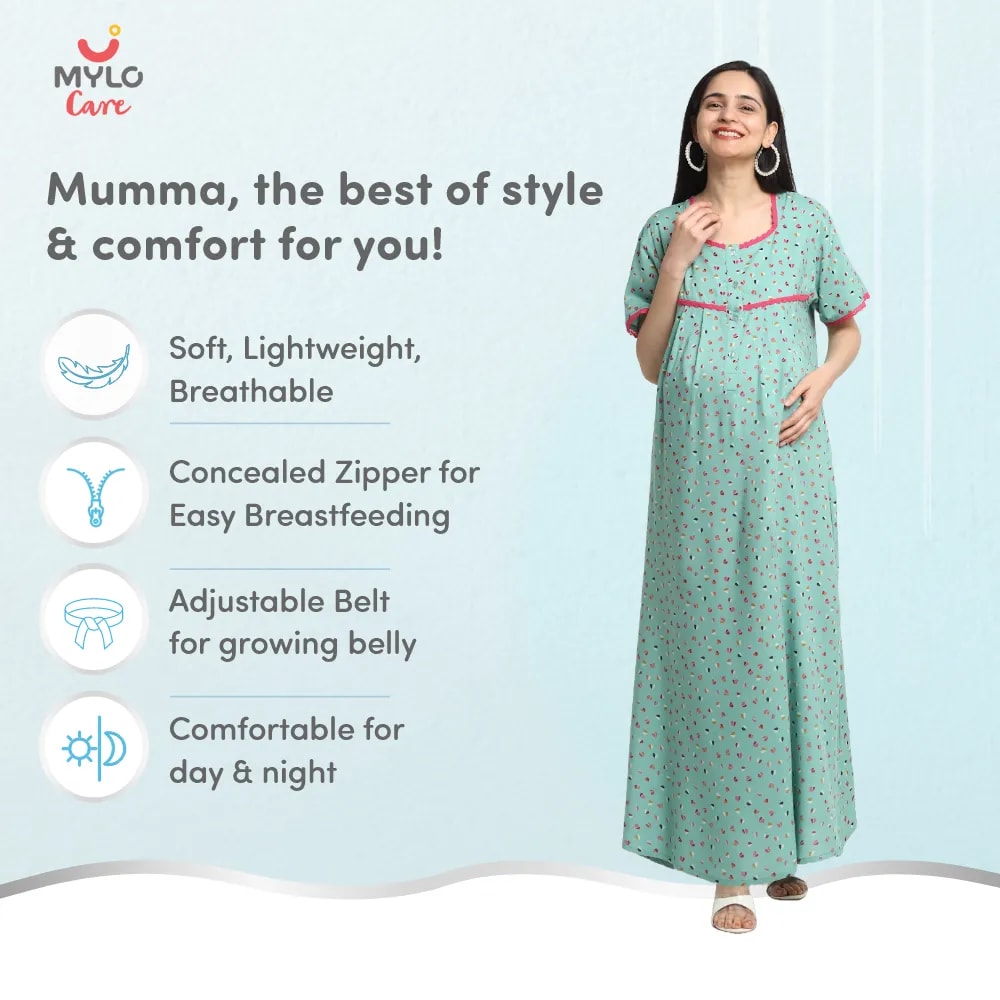 Maternity Dresses For Women with Both Side Zipper For Easy Feeding | Adjustable Belt for Growing Belly | Maxi Dress | Little Hearts - Sea Green | XL