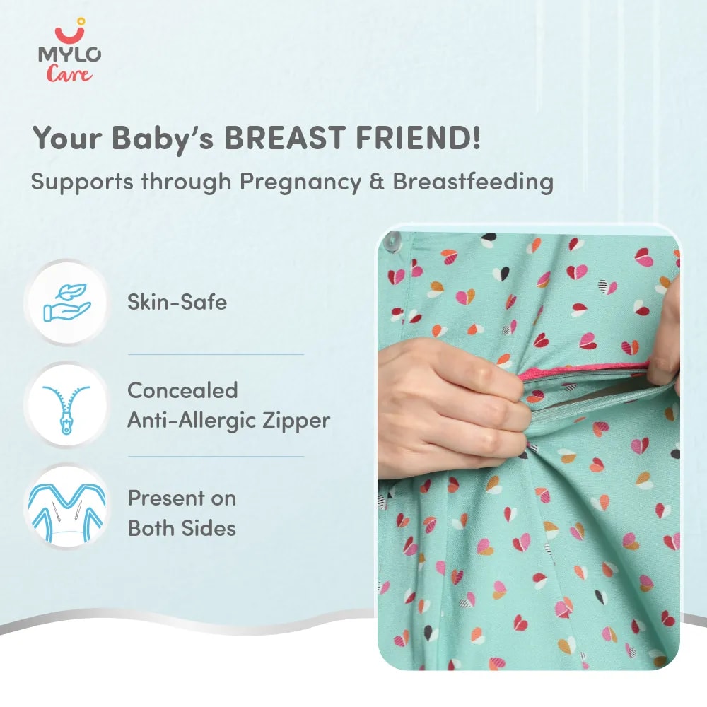 Maternity Dresses For Women with Both Side Zipper For Easy Feeding | Adjustable Belt for Growing Belly | Maxi Dress | Little Hearts - Sea Green | XXL