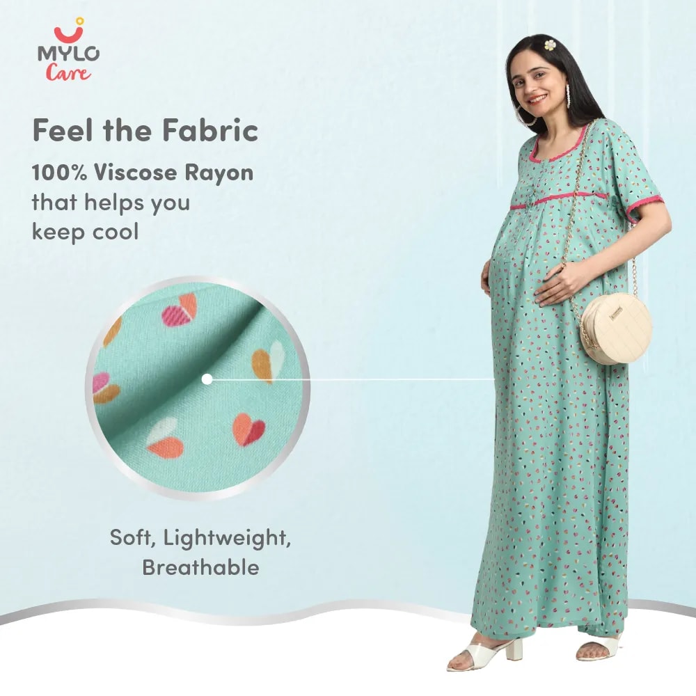 Maternity Dresses For Women with Both Side Zipper For Easy Feeding | Adjustable Belt for Growing Belly | Maxi Dress | Little Hearts - Sea Green | XXL