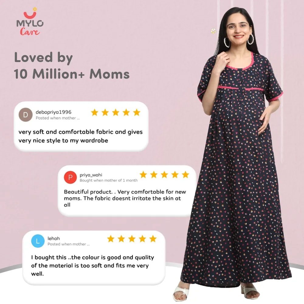 Maternity Dresses For Women with Both Side Zipper For Easy Feeding | Adjustable Belt for Growing Belly | Maxi Dress | Little Hearts - Navy | XL