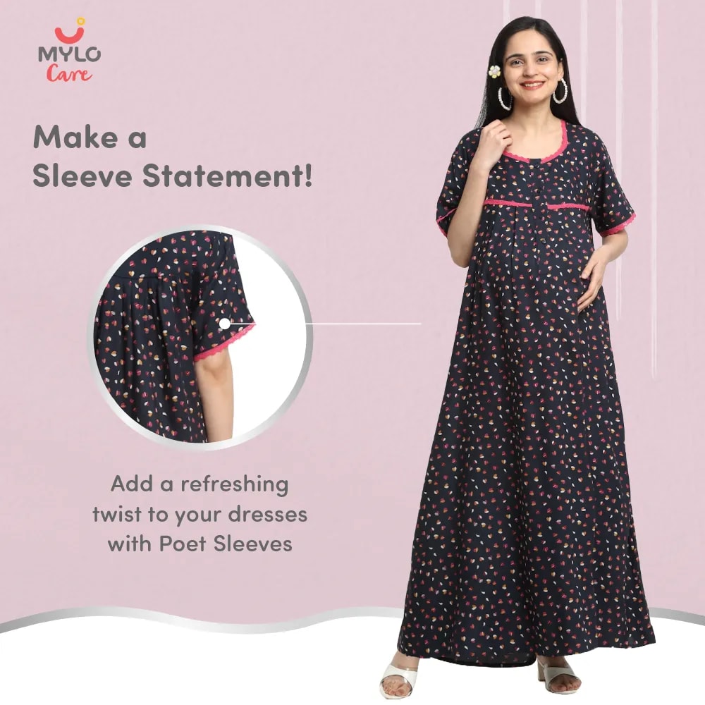 Maternity Dresses For Women with Both Side Zipper For Easy Feeding | Adjustable Belt for Growing Belly | Maxi Dress | Little Hearts - Navy | XL