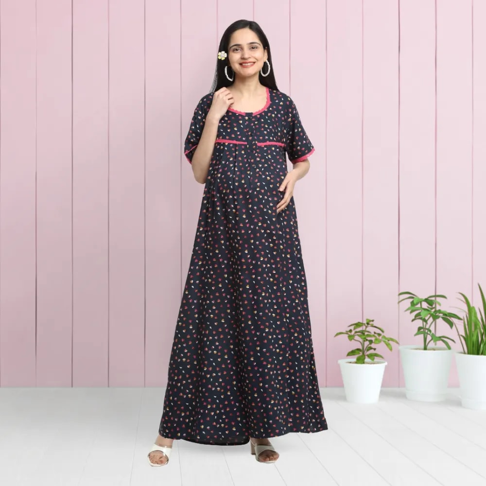 Maternity Dresses For Women with Both Side Zipper For Easy Feeding | Adjustable Belt for Growing Belly | Maxi Dress | Little Hearts - Navy | XXL