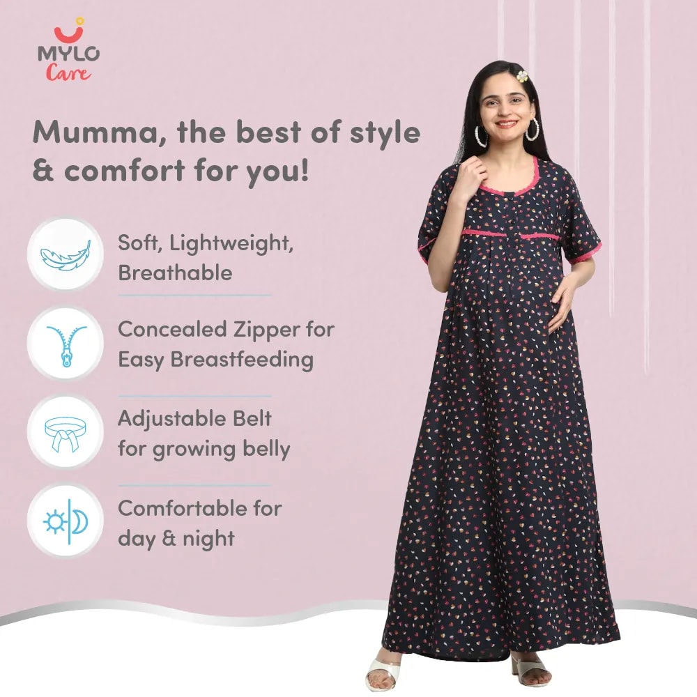 Maternity Dresses For Women with Both Side Zipper For Easy Feeding | Adjustable Belt for Growing Belly | Maxi Dress | Little Hearts - Navy | XXL