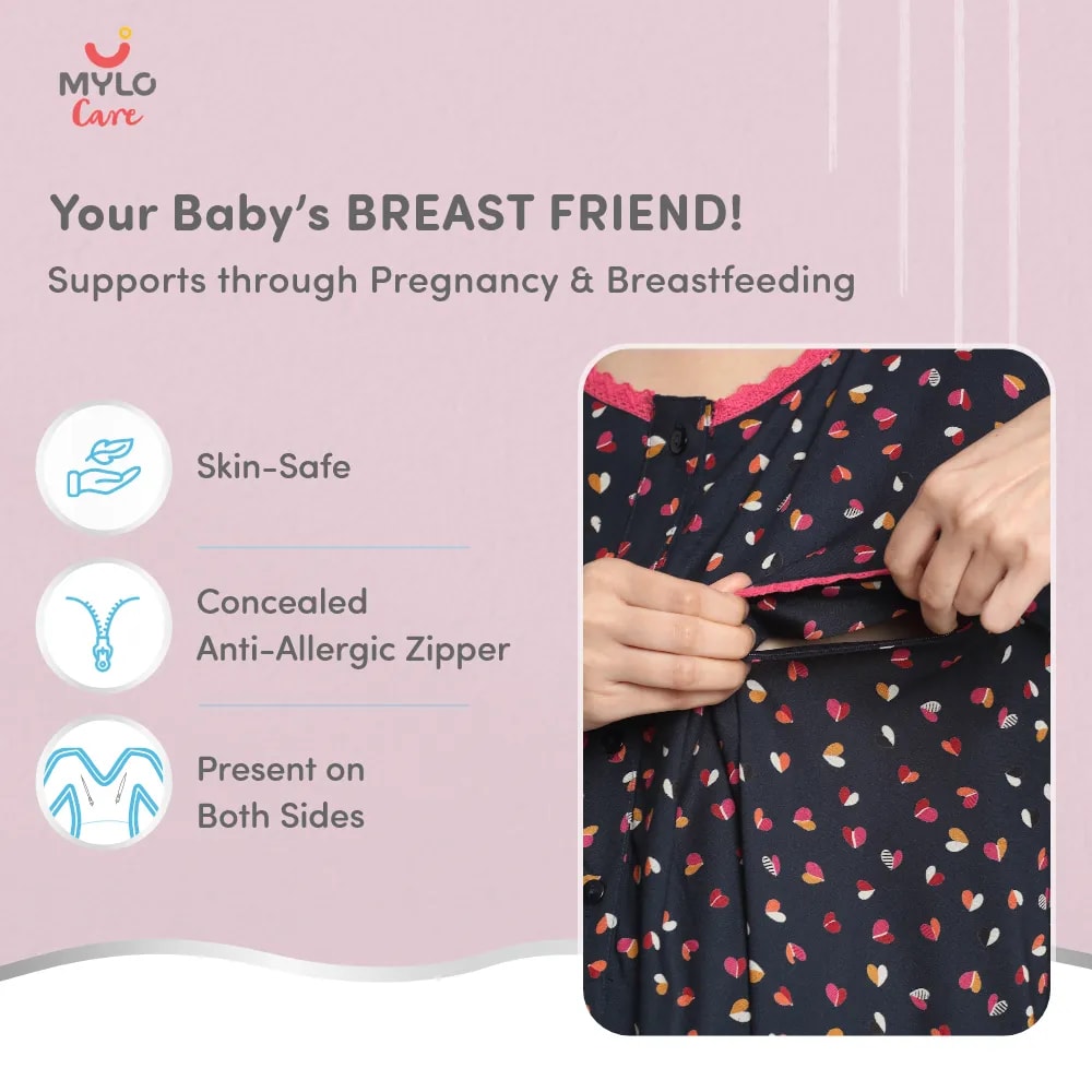Maternity Dresses For Women with Both Side Zipper For Easy Feeding | Adjustable Belt for Growing Belly | Maxi Dress | Little Hearts - Navy | XXL