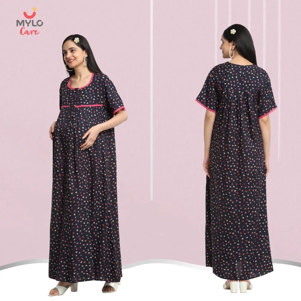 Maternity Dresses For Women with Both Side Zipper For Easy Feeding | Adjustable Belt for Growing Belly | Maxi Dress | Little Hearts - Navy | XXL