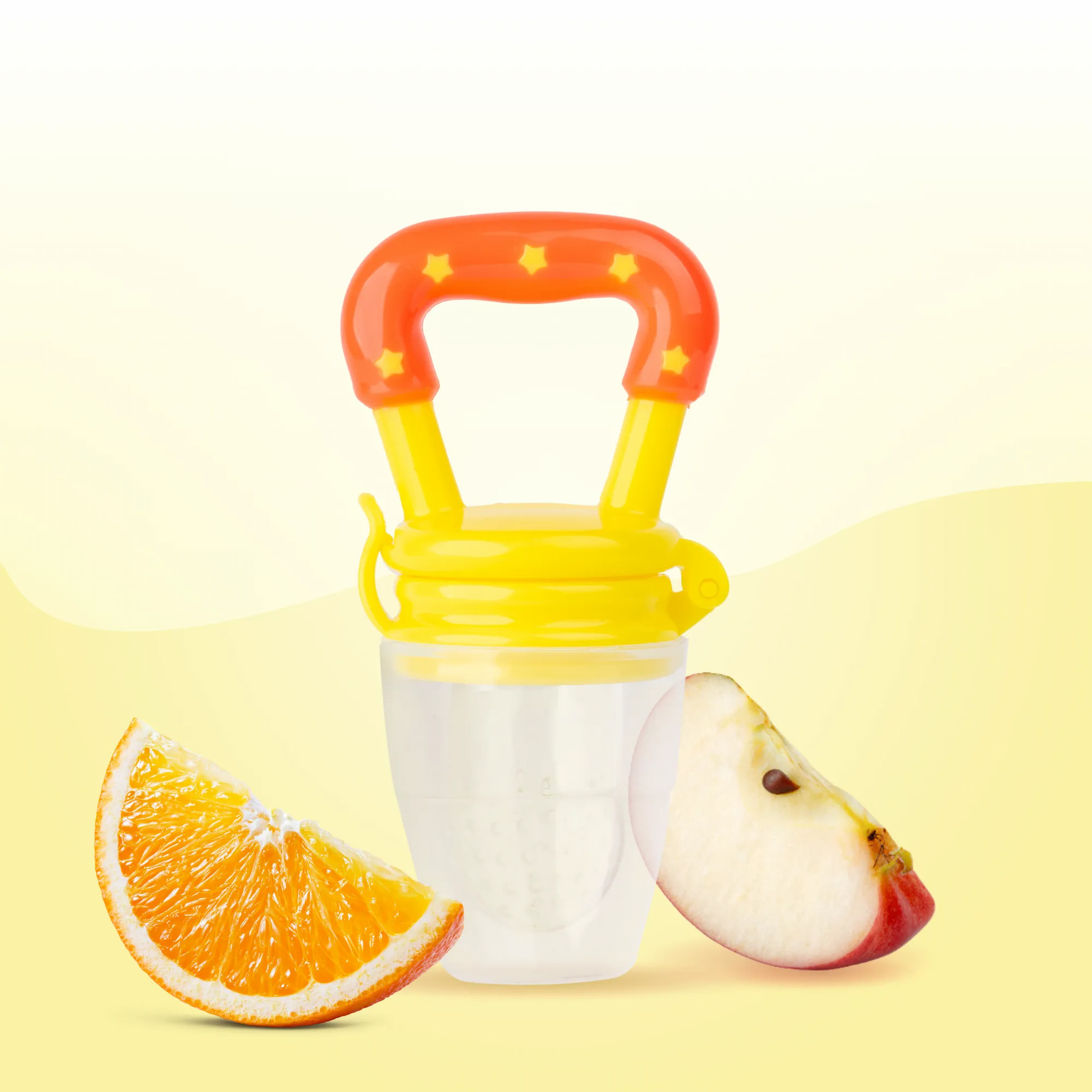 Feels Natural Ultra Soft Fruit & Food Nibbler- Yellow | Convenient to Introduce Fruits & Veggies to Baby | Ultra-soft Silicone Mesh for Easy Chewing | Easy One Snap Filling | Helps Relieve Teething Discomfort