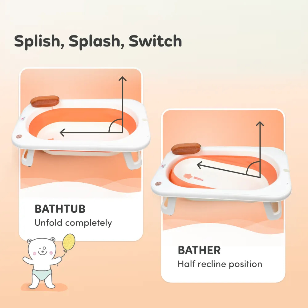 Kenzo 2-in-1 Foldable Bathtub with Temperature Sensor for 6 Months - 3 Years | Up to 20Kgs Weight Capacity | EN Certified (Orange)