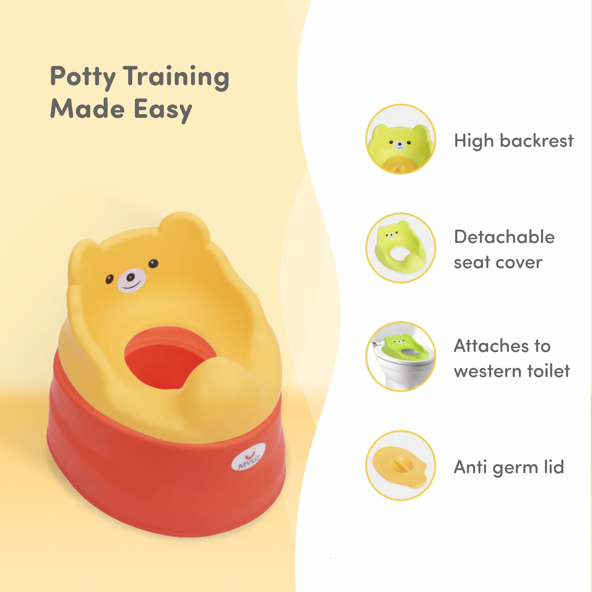 Potty Seat | Baby Potty Chair | 2-in-1 Potty Training Chair with Detachable Potty Bowl | Easy to Carry & Clean - Yellow & Orange