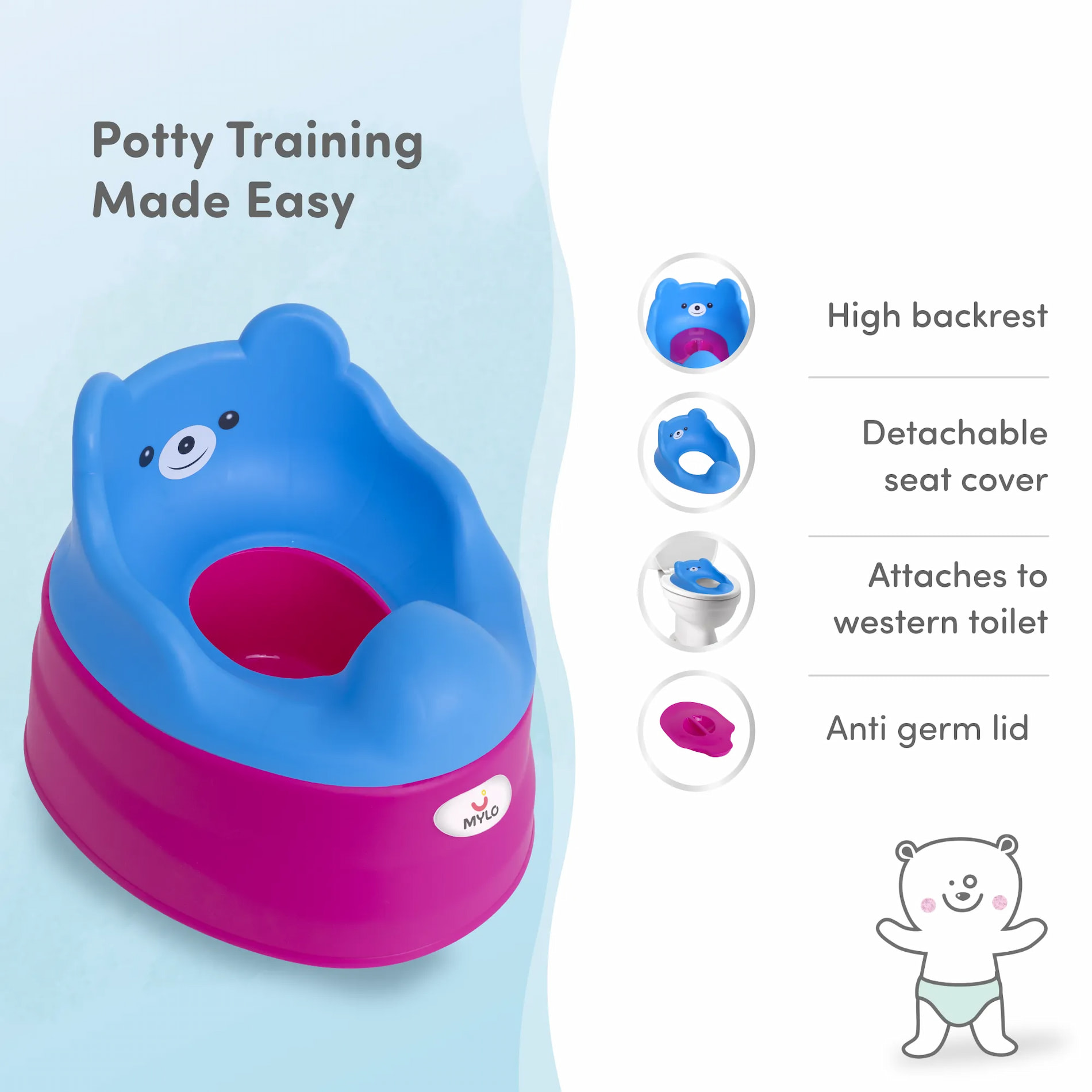 Potty Seat | Baby Potty Chair | 2-in-1 Potty Training Chair with Detachable Potty Bowl | Easy to Carry & Clean - Blue & Purple