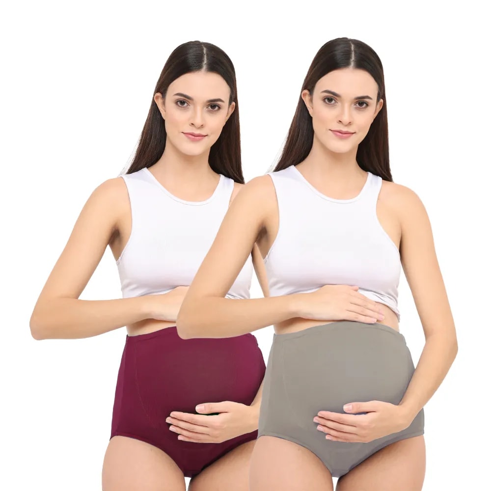 High Waist Maternity Panty for Pregnancy & Post-Delivery | Anti-Microbial with Comfy Adjustable Waistband - Grey & Wine - L - Pack of 2