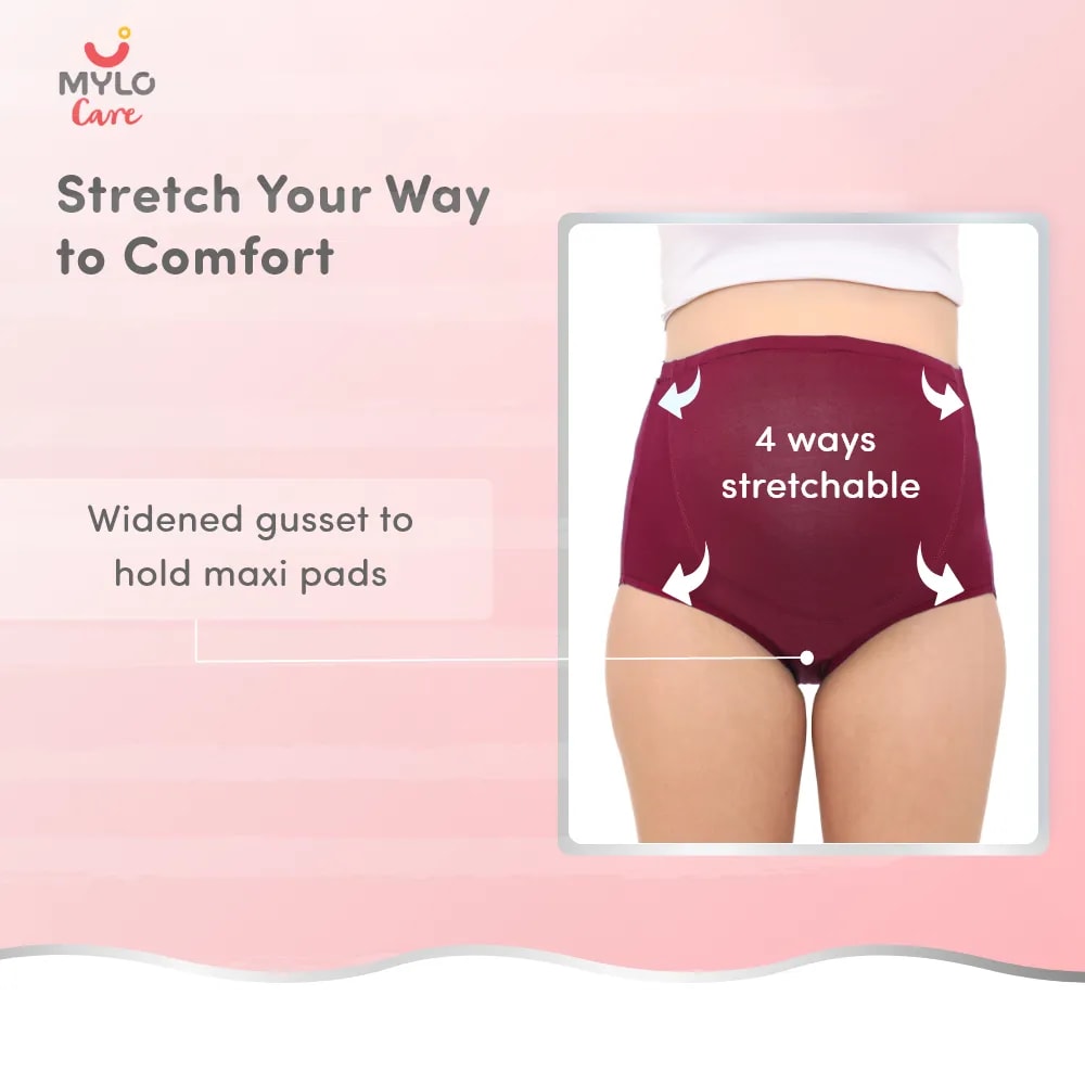 High Waist Maternity Panty for Pregnancy & Post-Delivery | Anti-Microbial with Comfy Adjustable Waistband - Grey & Wine - L - Pack of 2