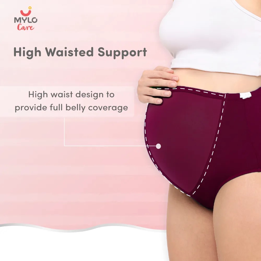 High Waist Maternity Panty for Pregnancy & Post-Delivery | Anti-Microbial with Comfy Adjustable Waistband - Grey & Wine - XXL - Pack of 2