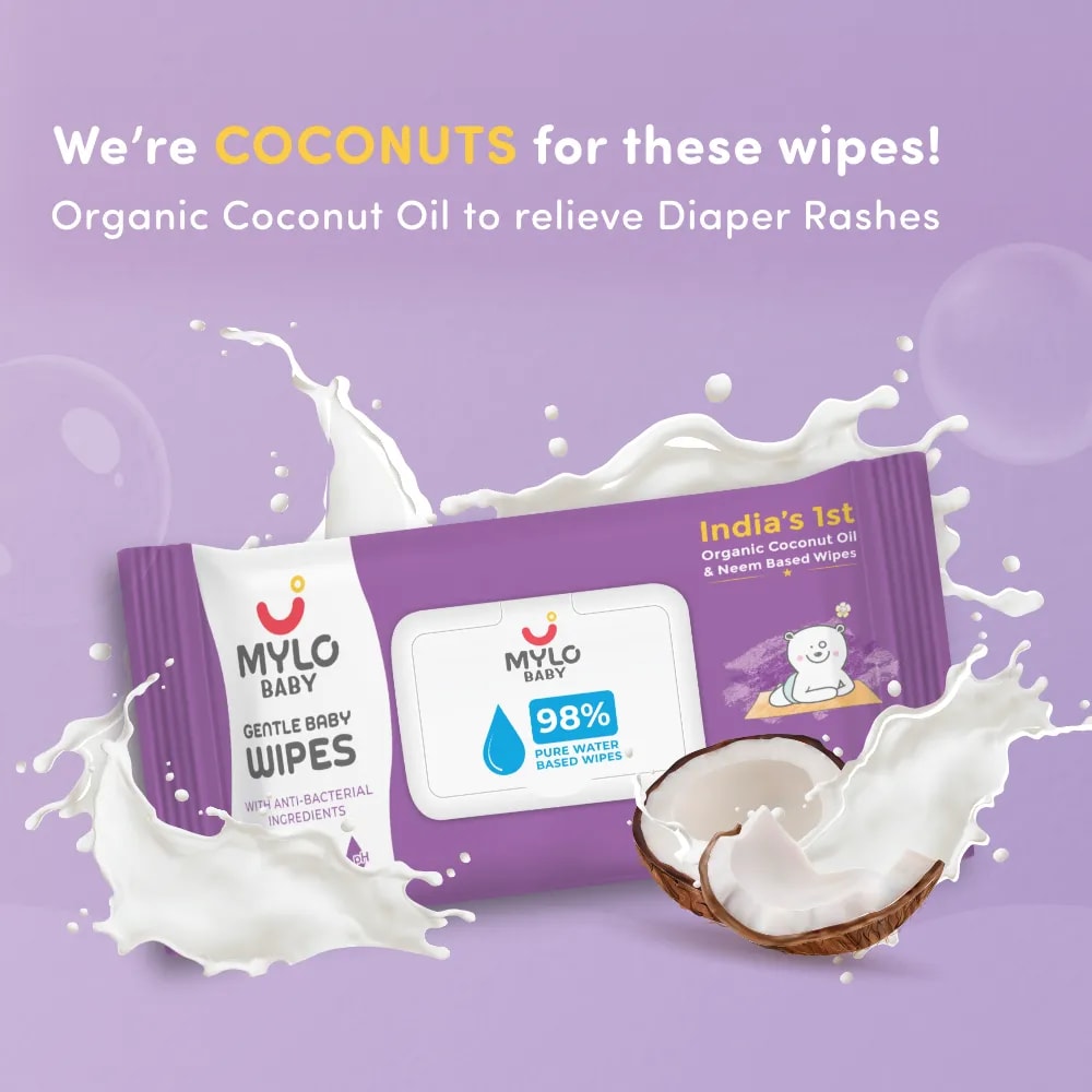 Gentle Baby Wipes With Lid - Organic Coconut Oil, Neem, Aloe Vera and Vitamin E | 98% Pure Water | Dermatologically Tested (Pack of 4 + 1 Pack Free) -72  Wipes Per Pack