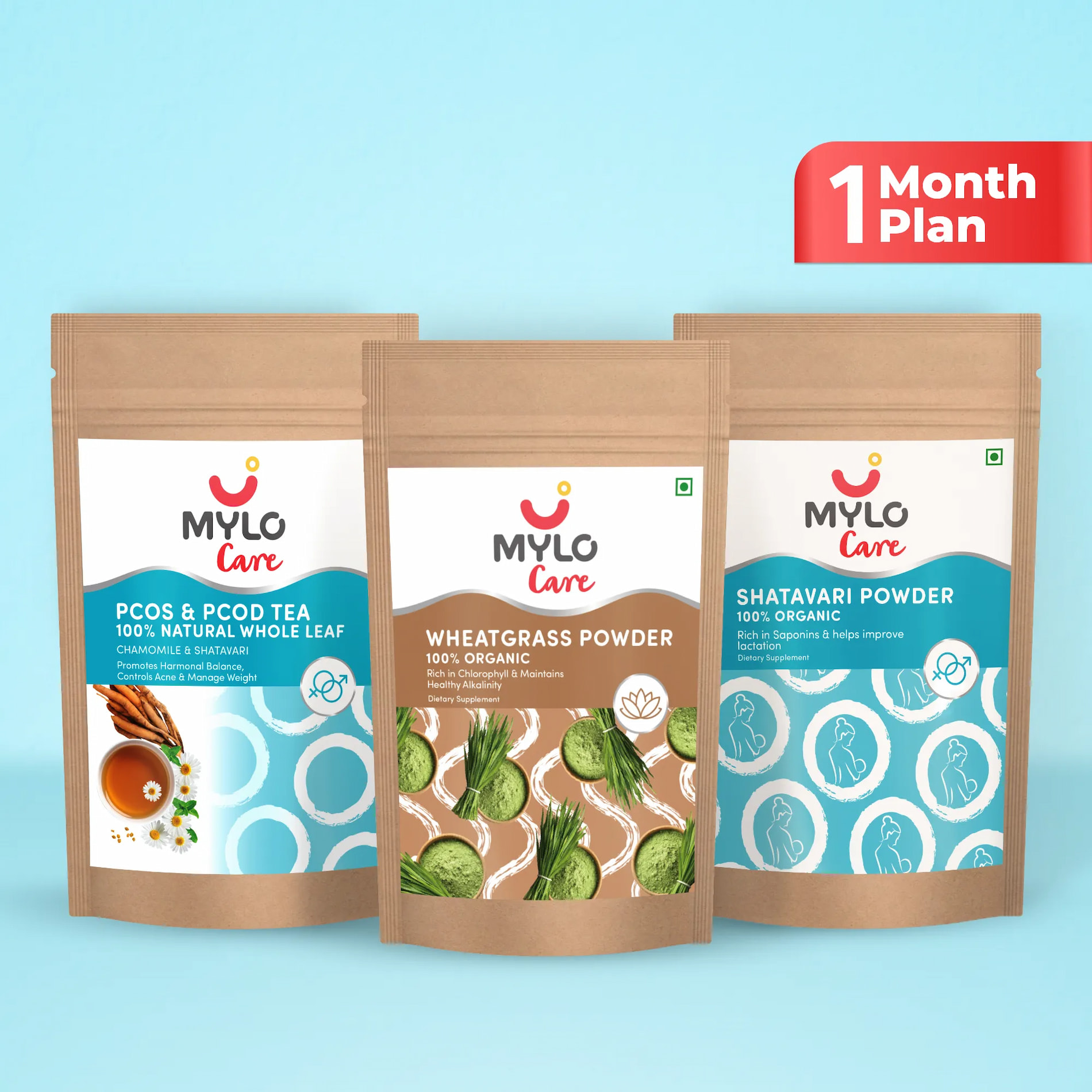 Get Pregnant Bundle 1 Month Plan - PCOS & PCOD Tea, Wheatgrass Powder, Shatavari Powder - (Pack of 3)