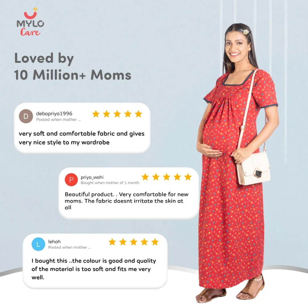 Maternity Dresses For Women with Both Side Zipper For Easy Feeding | Adjustable Belt for Growing Belly | Maxi Nighty Dress | Liberty Red | M