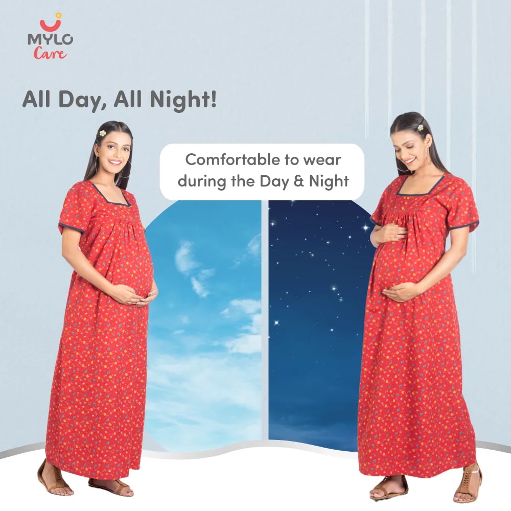 Maternity Dresses For Women with Both Side Zipper For Easy Feeding | Adjustable Belt for Growing Belly | Maxi Nighty Dress | Liberty Red | M