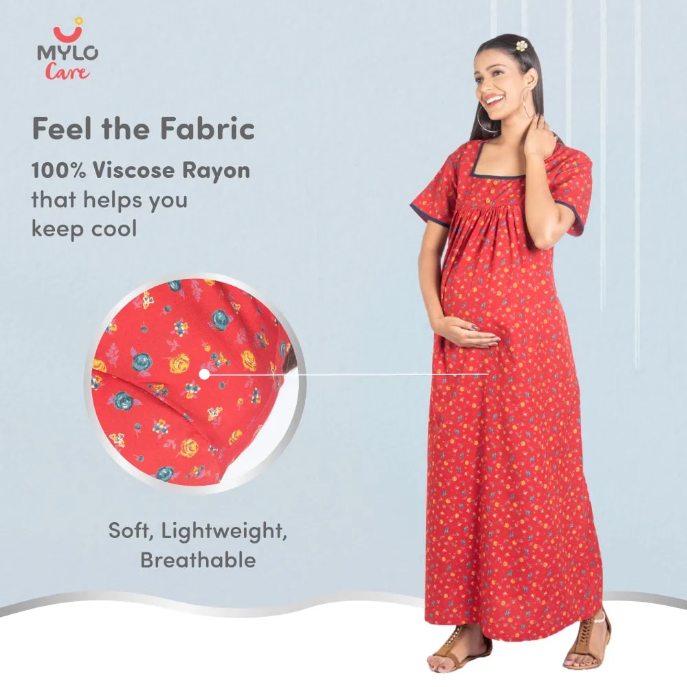 Maternity Dresses For Women with Both Side Zipper For Easy Feeding | Adjustable Belt for Growing Belly | Maxi Nighty Dress | Liberty Red | M
