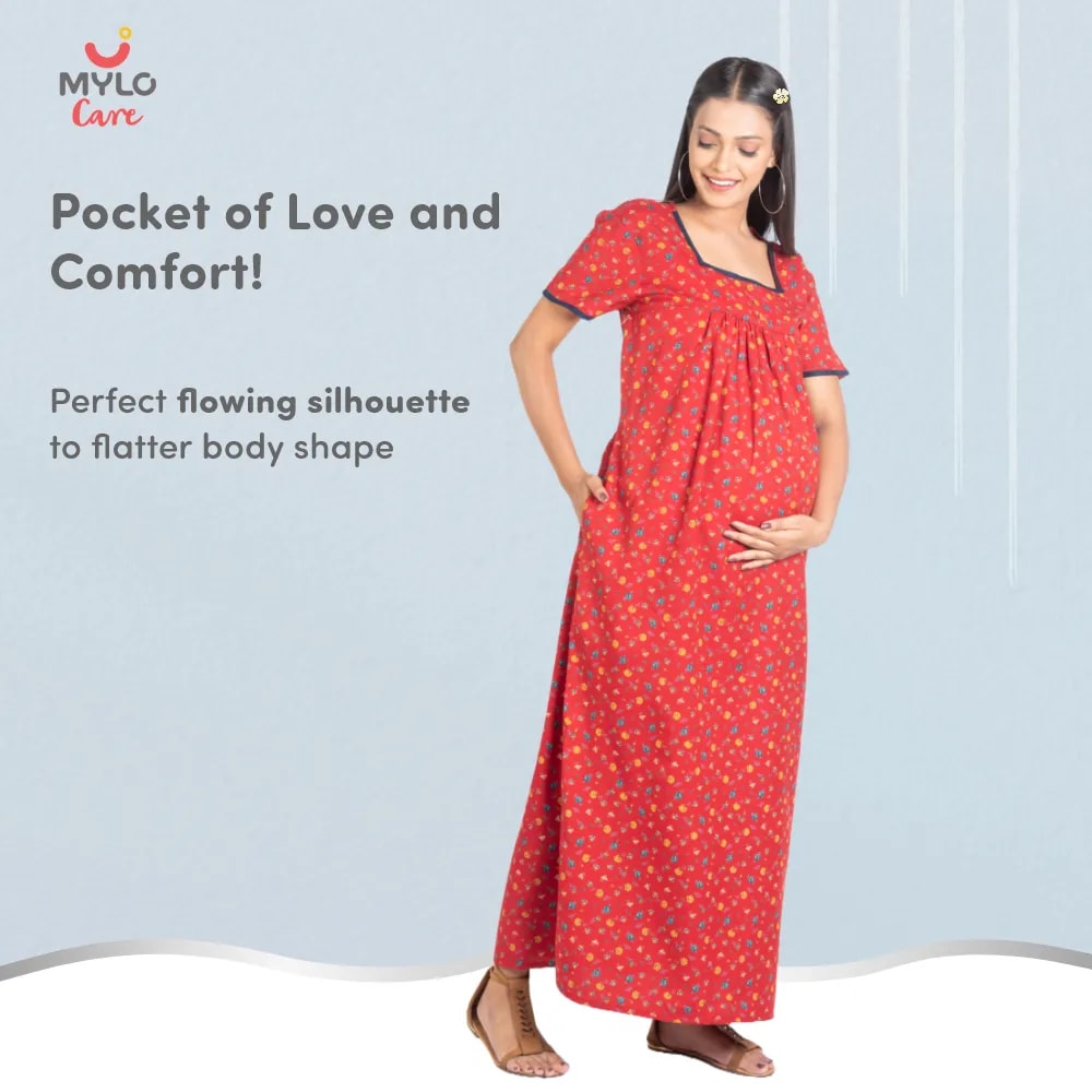 Maternity Dresses For Women with Both Side Zipper For Easy Feeding | Adjustable Belt for Growing Belly | Maxi Nighty Dress | Liberty Red | XL