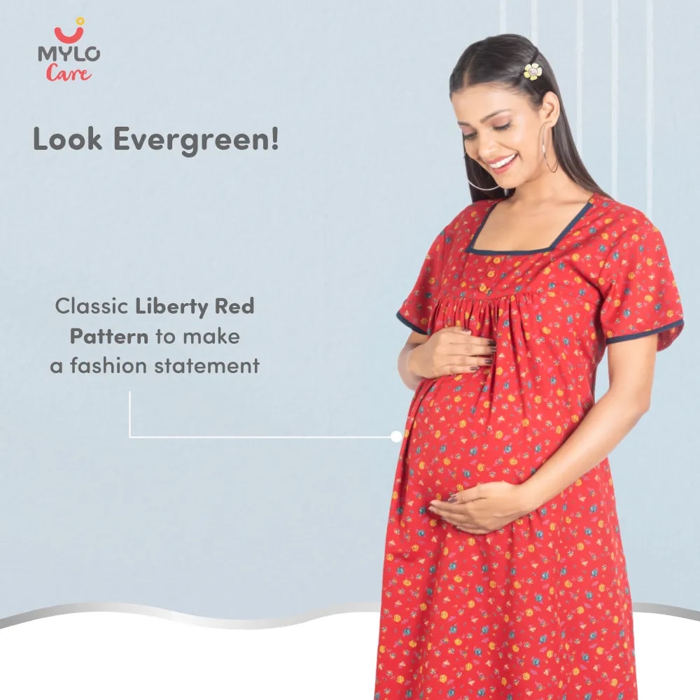 Maternity Dresses For Women with Both Side Zipper For Easy Feeding | Adjustable Belt for Growing Belly | Maxi Nighty Dress | Liberty Red | XXL