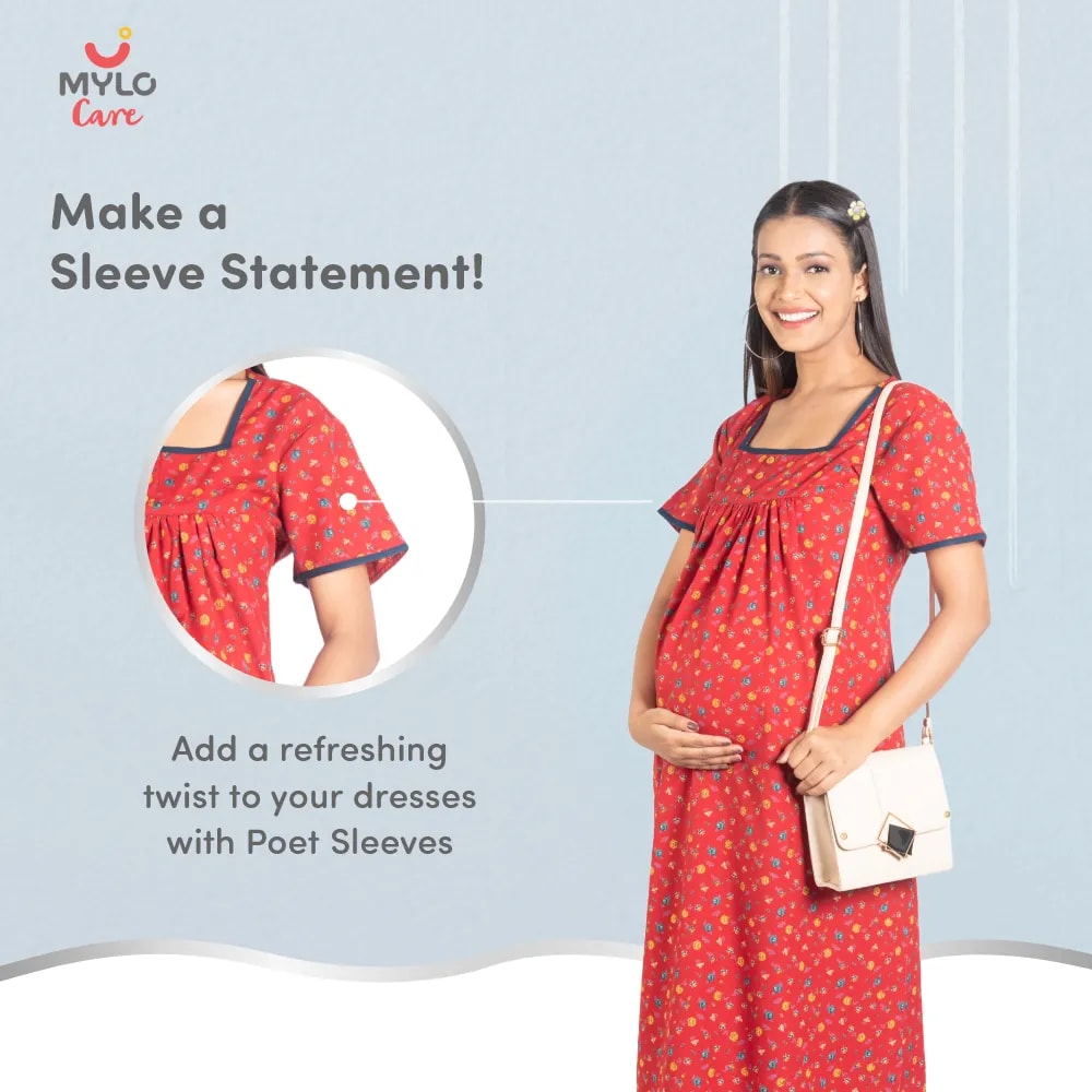 Maternity Dresses For Women with Both Side Zipper For Easy Feeding | Adjustable Belt for Growing Belly | Maxi Nighty Dress | Liberty Red | XXL