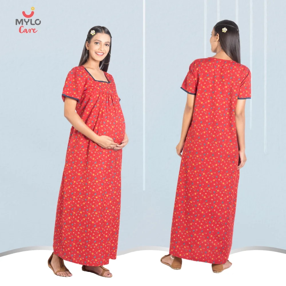 Maternity Dresses For Women with Both Side Zipper For Easy Feeding | Adjustable Belt for Growing Belly | Maxi Nighty Dress | Liberty Red | XXL