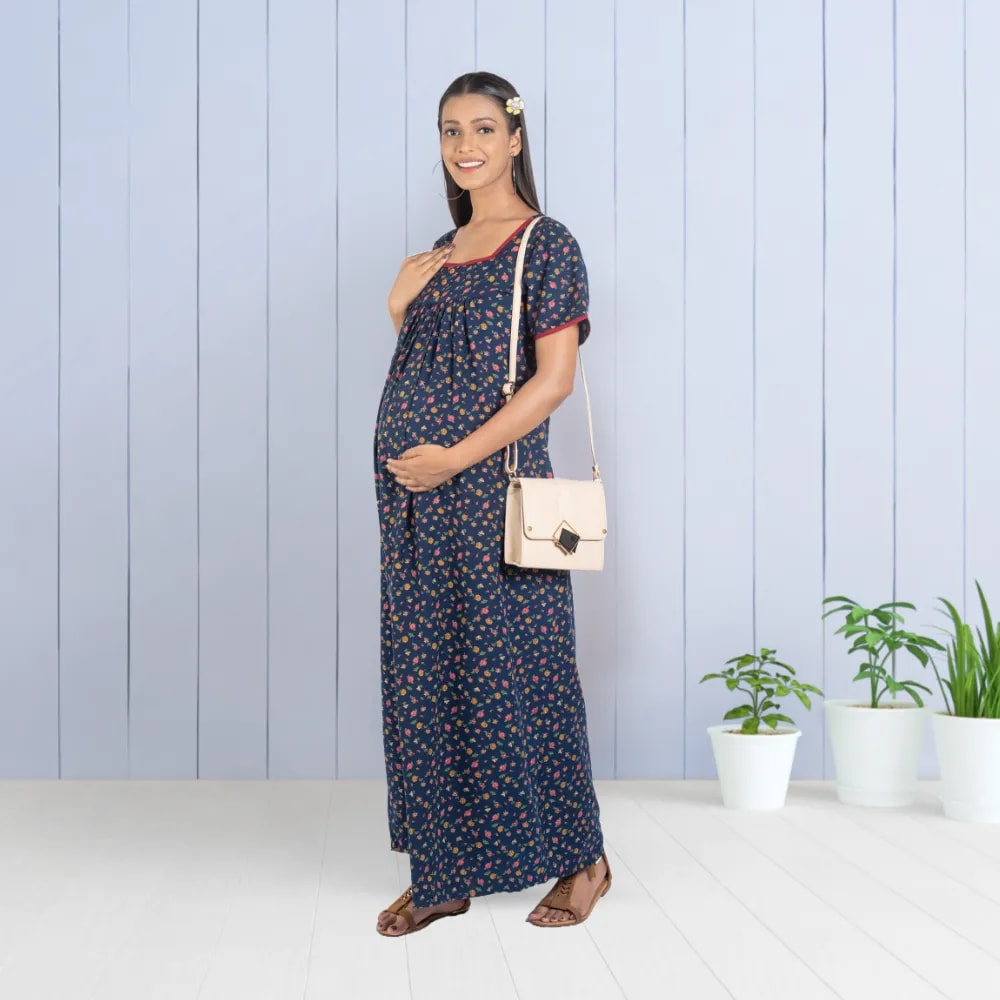 Maternity Dresses For Women with Both Side Zipper For Easy Feeding | Adjustable Belt for Growing Belly | Maxi Nighty Dress | Liberty Navy | XL