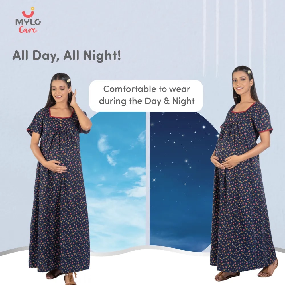 Maternity Dresses For Women with Both Side Zipper For Easy Feeding | Adjustable Belt for Growing Belly | Maxi Nighty Dress | Liberty Navy | XL