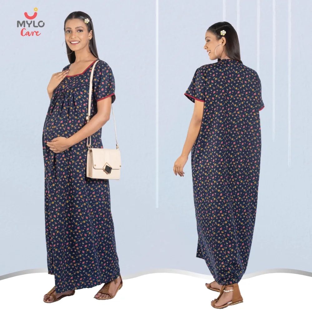 Maternity Dresses For Women with Both Side Zipper For Easy Feeding | Adjustable Belt for Growing Belly | Maxi Nighty Dress | Liberty Navy | XL
