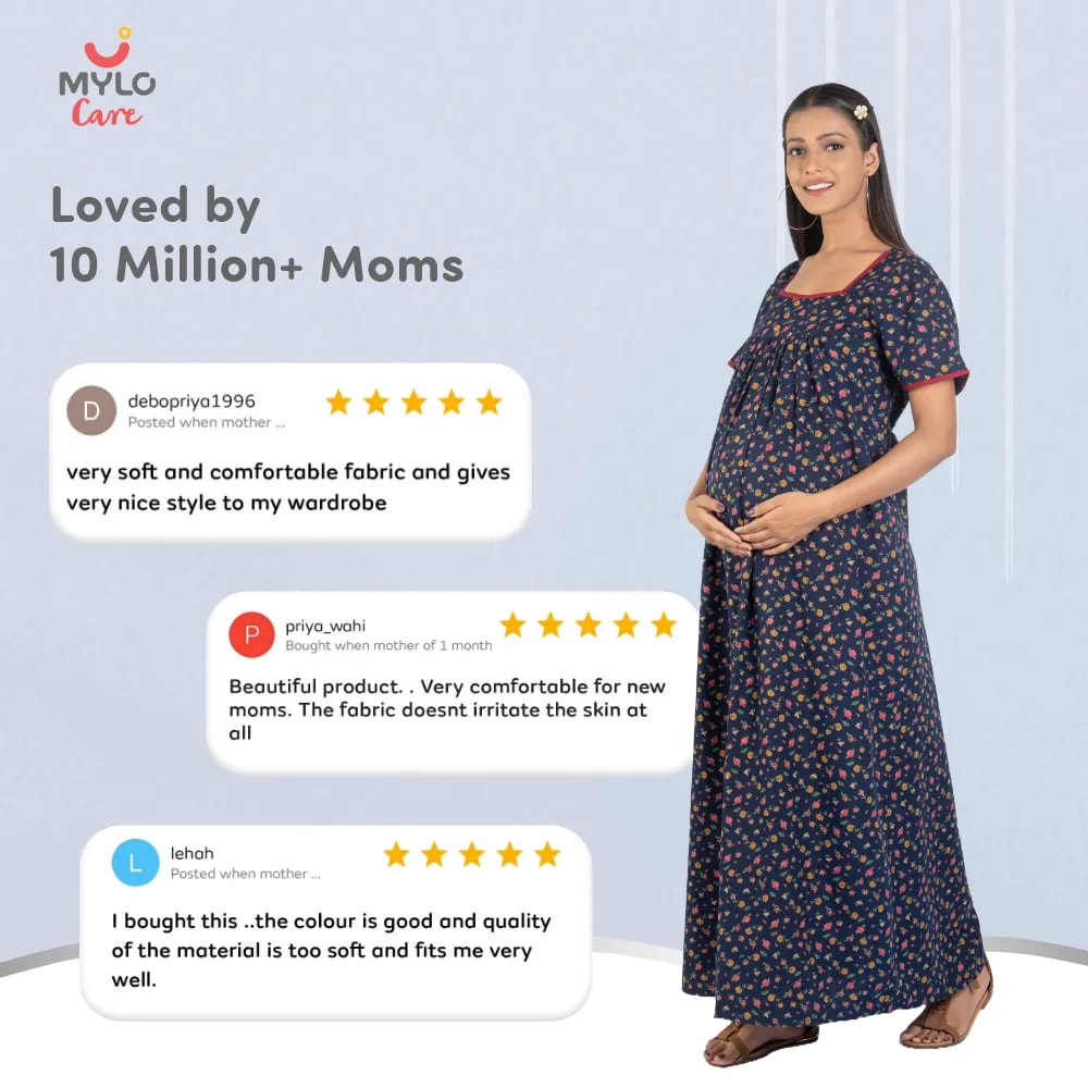 Maternity Dresses For Women with Both Side Zipper For Easy Feeding | Adjustable Belt for Growing Belly | Maxi Nighty Dress | Liberty Navy | XXL