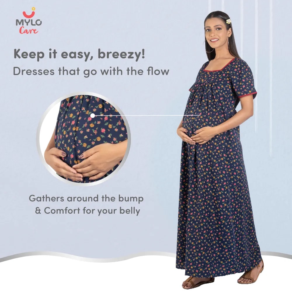 Maternity Dresses For Women with Both Side Zipper For Easy Feeding | Adjustable Belt for Growing Belly | Maxi Nighty Dress | Liberty Navy | XXL