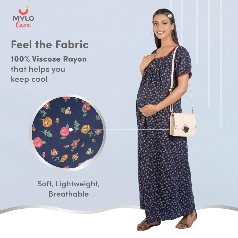 Maternity Dresses For Women with Both Side Zipper For Easy Feeding | Adjustable Belt for Growing Belly | Maxi Nighty Dress | Liberty Navy | XXL