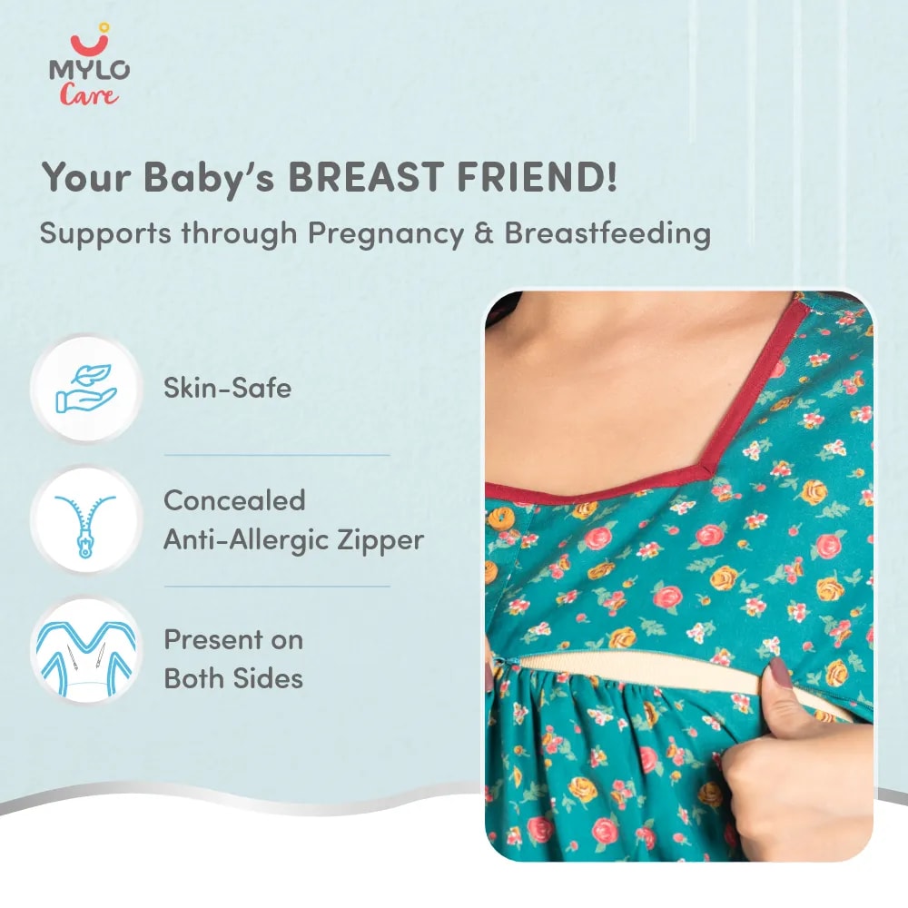 Maternity Dresses For Women with Both Side Zipper For Easy Feeding | Adjustable Belt for Growing Belly | Maxi Nighty Dress | Liberty Green | XL