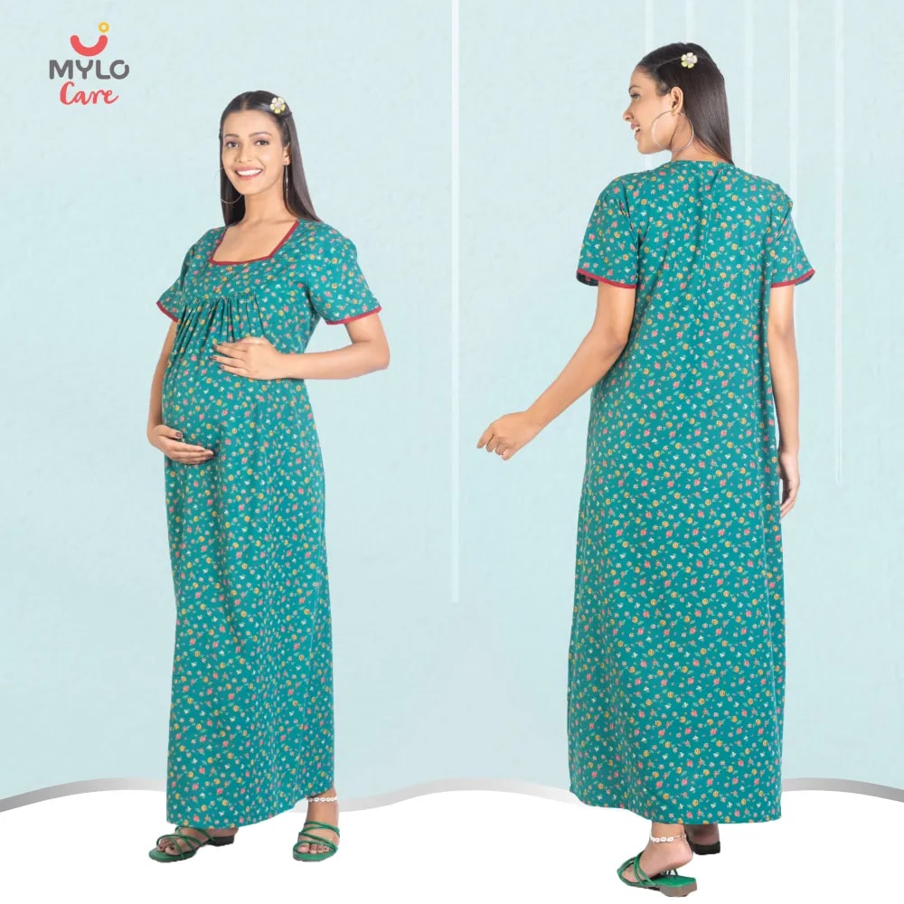 Maternity Dresses For Women with Both Side Zipper For Easy Feeding | Adjustable Belt for Growing Belly | Maxi Nighty Dress | Liberty Green | XL
